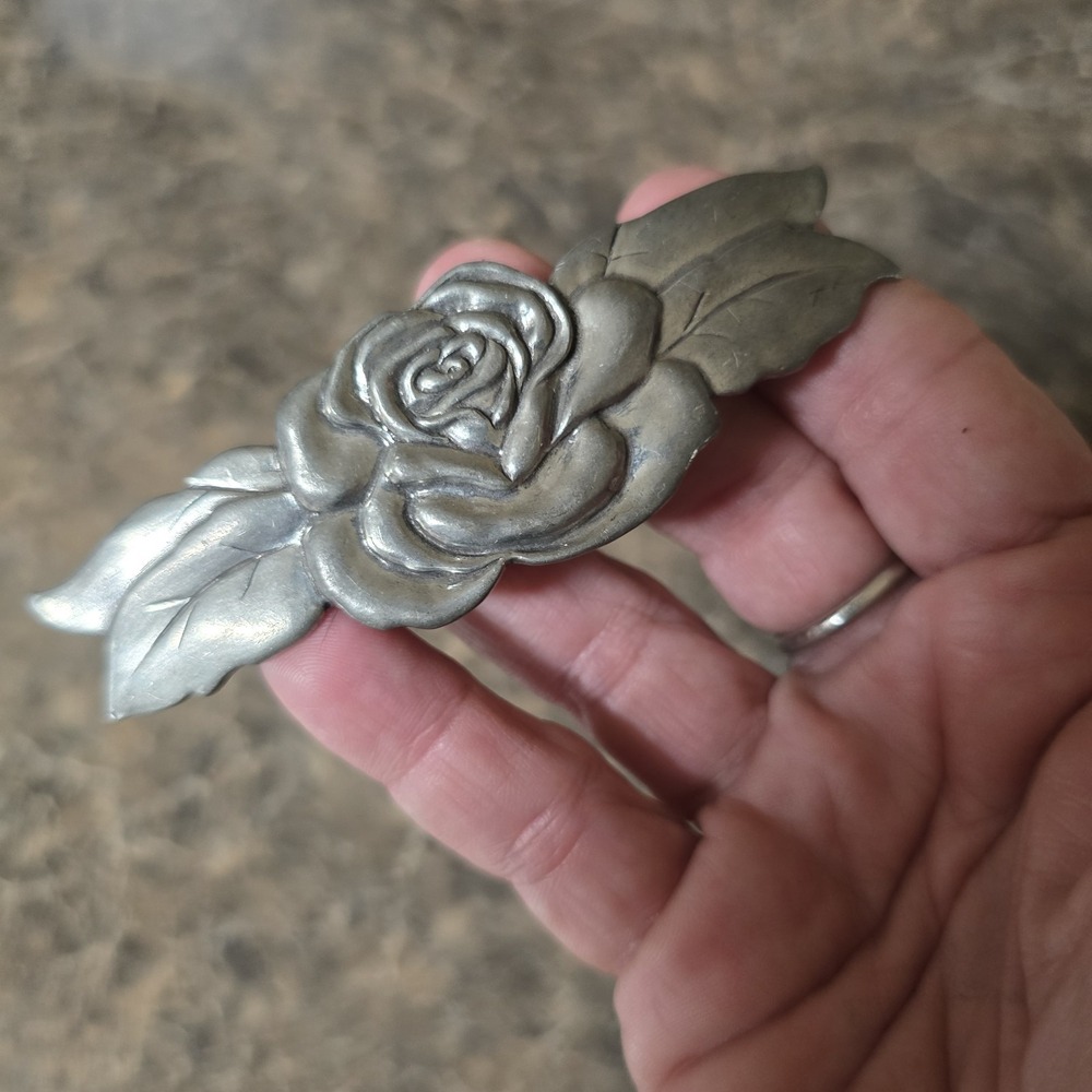 Vintage 1985 Seagull Pewter Rose Flower Hair Barrette Canada 4" Signed Floral